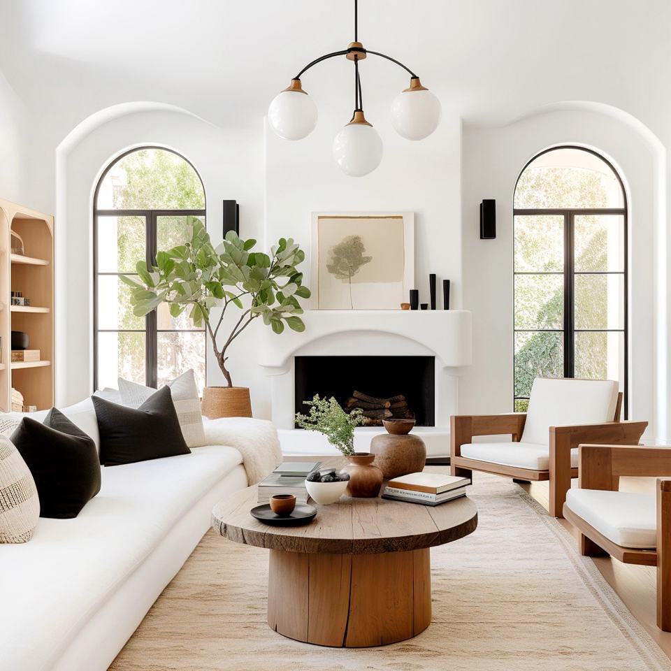 A light-filled living room with arched windows, a fireplace and a round wood coffee table