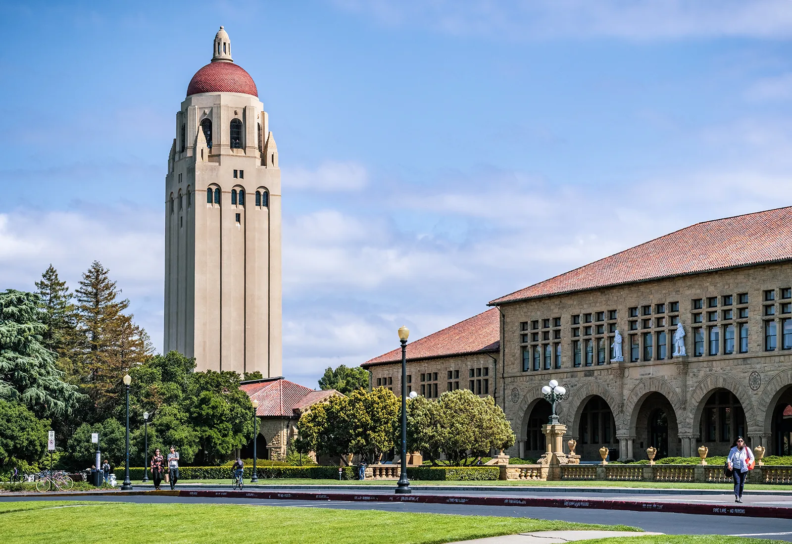 Hoover Tower and the sandstone arcades of the Stanford campus on Palo Alto's western edge.