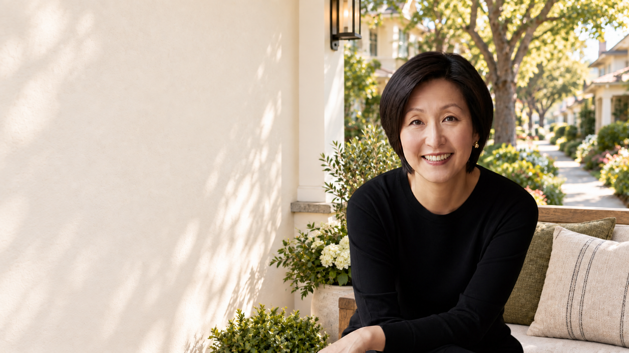 Lisa seated on a sunny neighborhood porch